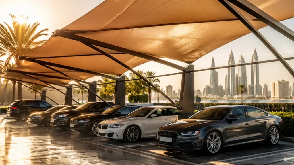 Car parking shade net installed over a villa carport in Dubai