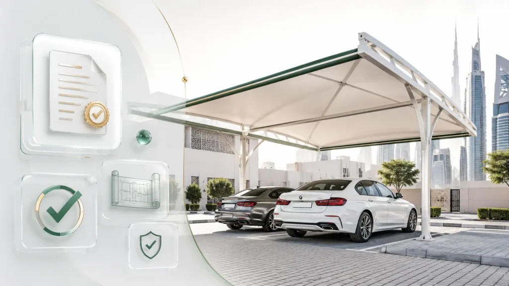 Car parking shade installed under an RTA permit at a Dubai villa by ShadeNets