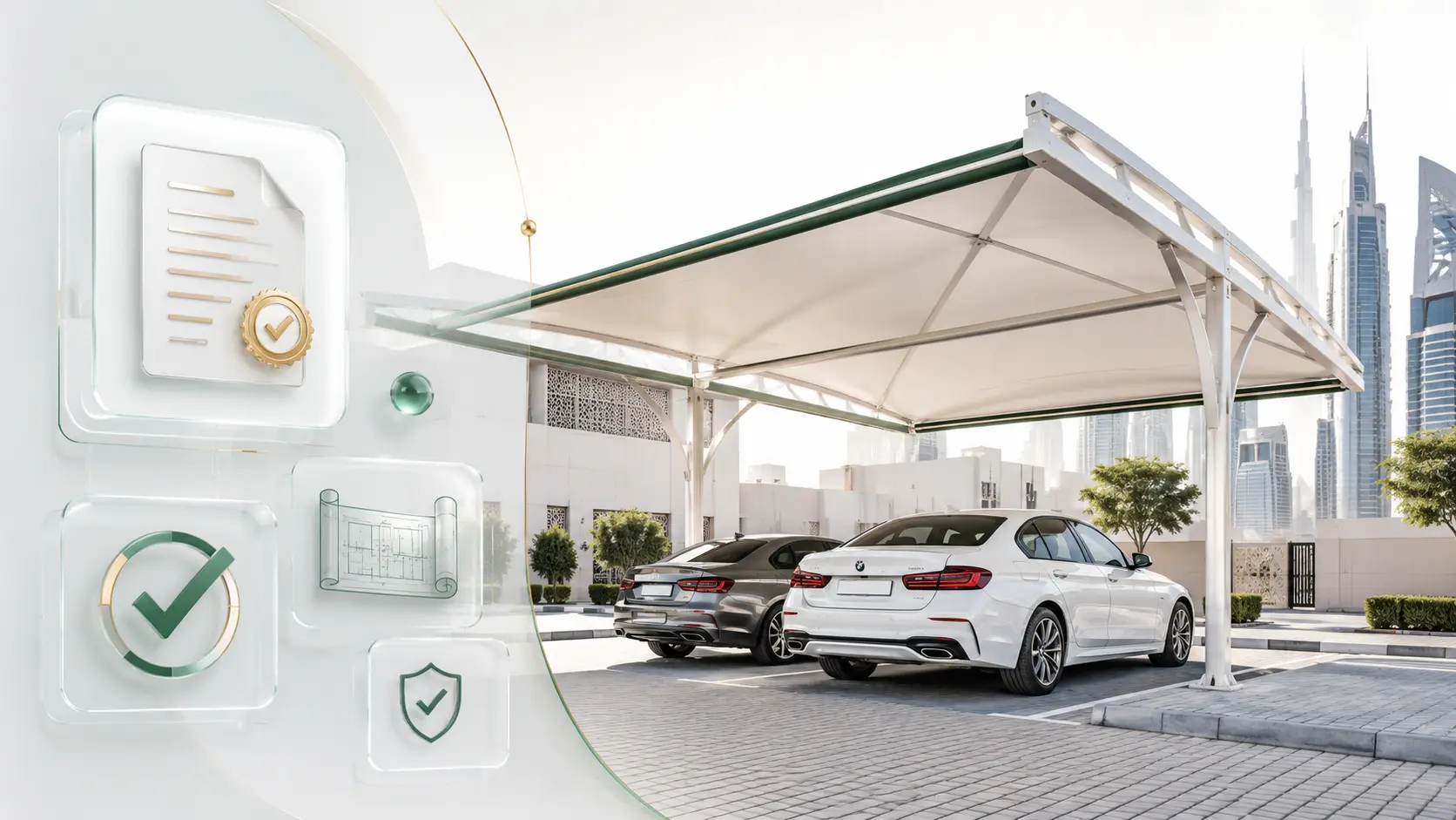 Car parking shade installed under an RTA permit at a Dubai villa by ShadeNets